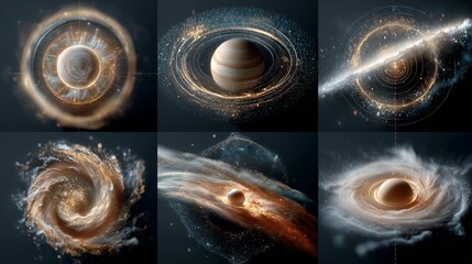 Cosmic Wonders: A mesmerizing collection of digital art depicting celestial bodies and swirling nebulae in rich gold and gray tones.