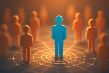 Unique Blue Figure Standing Out in Network of Orange Figures Representing Leadership