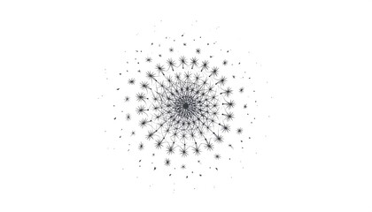 An intricate, symmetrical illustration. A central, spiraling pattern expands outward with delicate lines and dot clusters on a white background