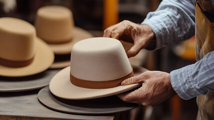 Crafting fine hats: A skilled artisan delicately shapes a classic felt hat in a workshop, showcasing dedication to traditional millinery with meticulous attention to detail.