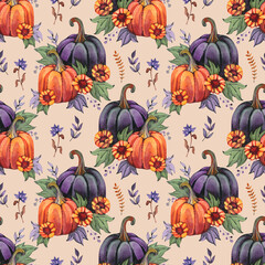 Seamless pattern with hand drawn watercolor pumpkins. Colorful autumn illustration for surface design, wallpapers, wrapping, seasonal and Halloween greetings