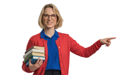 Smiling Professor Pointing: Knowledgeable Teacher Holding Books with Inspiring Gesture