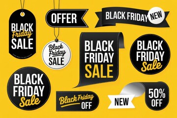 Assorted black friday sale tags and banners on a bright yellow background for advertising designs