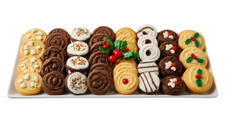 Assortment of christmas cookies on platter isolated on transparent background
