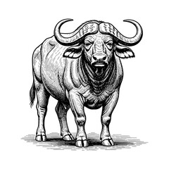 Classic engraving line art of a strong buffalo with curved horns, rich texture and cross-hatching detail, vintage 19th-century zoology style illustration.