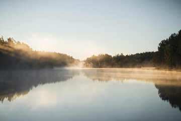 Fototapeta premium Misty morning on the forest lake