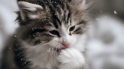 A cute fluffy kitten with snow on its fur delicately licks its paw embodying winter s charm