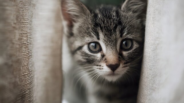 A curious tabby kitten peeks out from behind soft light colored curtains looking directly at the with big expressive eyes - Powered by Adobe