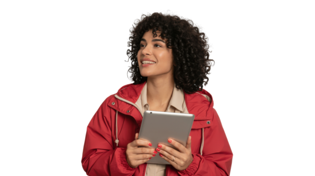 Curly Haired Woman with Tablet Leaning Into the Future and Embracing Progress