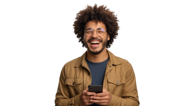 Laughing Man with Glasses Holding Phone Wearing Casual Clothes Transparent Background