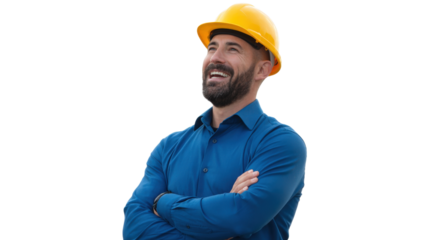 Smiling Construction Worker with Crossed Arms Looking Up Transparent Back Screen View