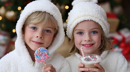 Blonde caucasian children enjoying festive sweets in winter attire by christmas tree