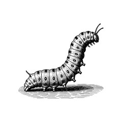 Classic engraving of a caterpillar crawling with detailed body segments, fine hatching texture, and vintage scientific black-and-white etching style.