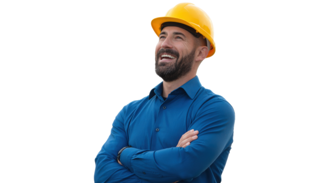 Smiling Construction Worker with Crossed Arms Looking Up Transparent Back Screen View