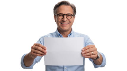 Mature Man Holding White Blank Sign Smiling Friendly In Studio Background