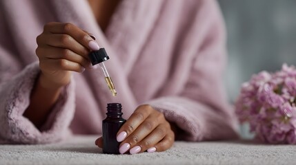 Woman s hands applying cosmetic serum from a dropper into a bottle in a serene setting