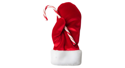 Festive santa glove holding candy cane isolated on transparent background