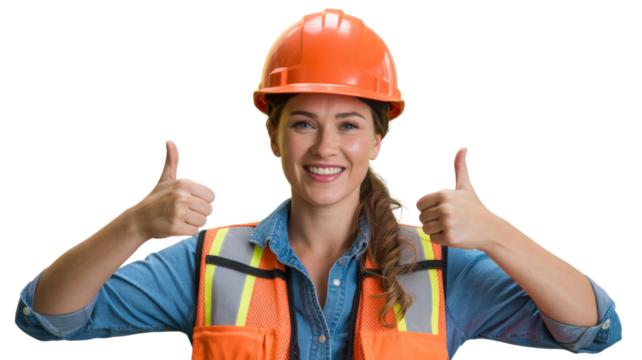 Confident Female Construction Worker Giving Thumbs Up Gesture with Safety Helmet On