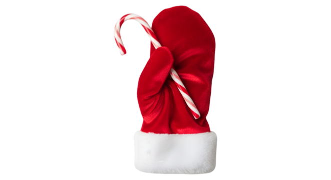 Festive santa glove holding candy cane isolated on transparent background