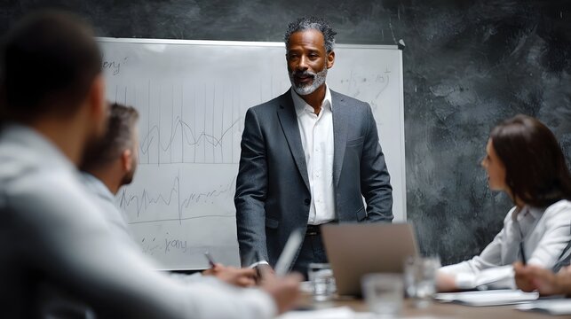 A business professional presents a strategy on a whiteboard to a team in a modern office meeting