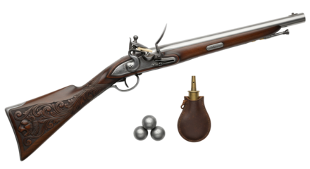 Flintlock musket with polished steel barrel and accessories on transparent background
