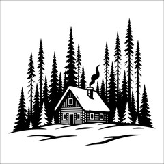 Cozy mountain cabin in pine forest, winter lodge illustration for outdoor adventure designs, camping logos, rustic home decor, travel posters, nature retreat branding, hiking and wilderness art