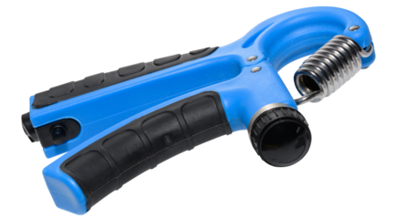 Blue adjustable hand expander wrist trainer with black pads and metal spring,