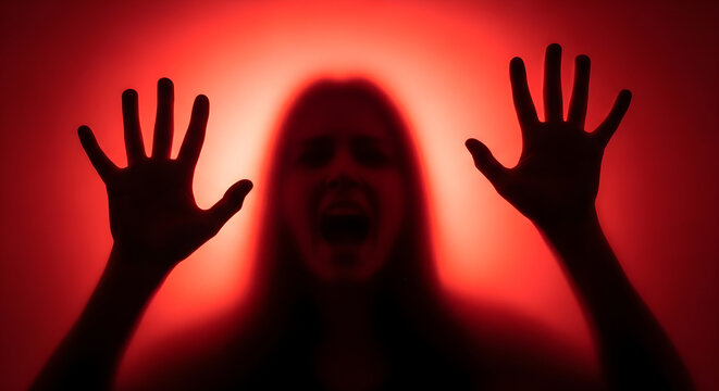 Screaming woman silhouette with hands on frosted glass against red light background, banner template for horror movie poster Halloween promotion or spooky season campaign with copyspace.
 - Powered by Adobe