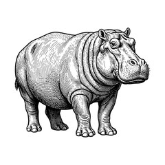 Obraz premium Classic engraving of a full-body hippopotamus standing strong, detailed hatching lines for textured skin, vintage naturalist etching style, black and white HD vector.