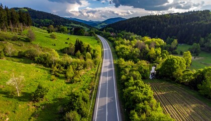 An aerial view captures a straight road snaking through verdant hills and lush forests under a cloudy sky, a scenic drive