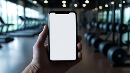 A hand holding a smartphone in a gym environment, showcasing workout tracking or fitness apps. Modern tech meets fitness, perfect for digital health and wellness solutions.