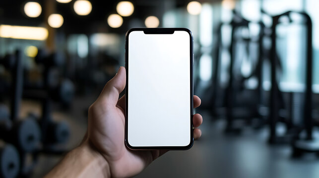 A hand holds a blank smartphone screen in a gym, ready for fitness app mockups. The bright screen is a blank canvas for workout routines and health tracking tech.