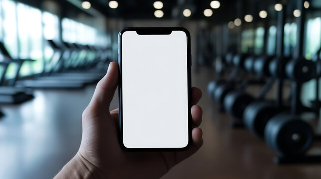 A hand holding a smartphone in a gym environment, showcasing workout tracking or fitness apps. Modern tech meets fitness, perfect for digital health and wellness solutions.