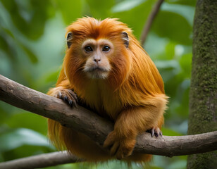 Fototapeta premium Rare Golden Lion Tamarin on Tree Branch, golden lion tamarin