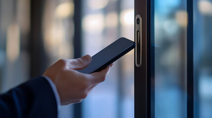 A person in a suit jacket uses a smartphone to unlock a door with an electronic lock, showcasing modern technology and seamless integration in everyday life. #SmartHome #Tech