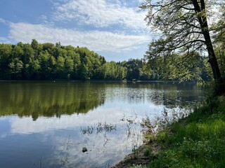 Obraz premium Artificial lake Trakoscan (Zagorje, Croatia) - Die See Trakoscan oder künstlicher Trakoscansee (Kroatien) - Umjetno jezero Trakošćan ili Trakošćansko jezero (Hrvatsko zagorje, Hrvatska)