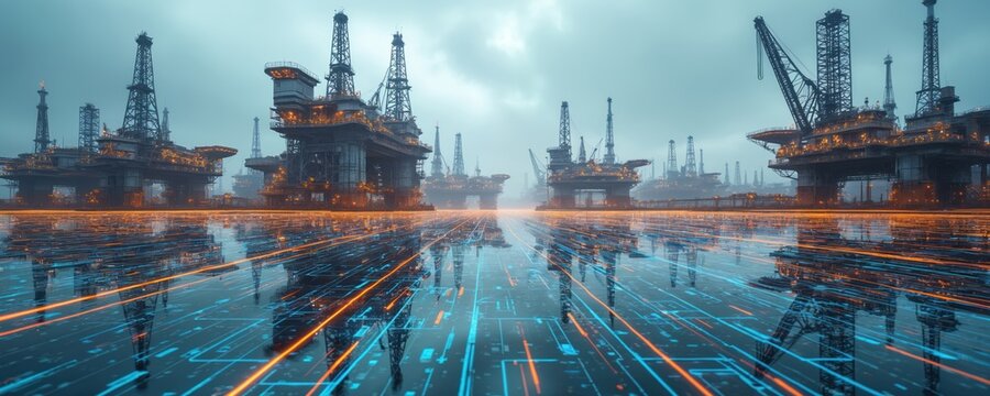 Industrial offshore oil rigs with drilling towers and cranes on water. Digital glowing lines and blue circuits on wet ground. Heavy industry and technology combine.