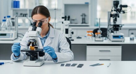 Female scientist using a microscope to test new eco friendly packaging materials. Woman conducting research for sustainable development.