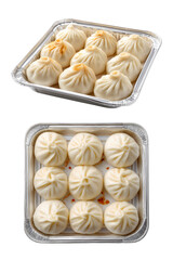 transparent PNG image of  Steamed Chinese Baozi Dumplings in Aluminum Trays with Pleated Tops