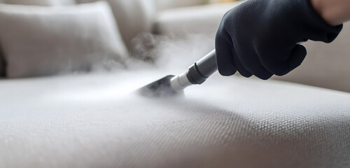 Gloved hand uses a steam cleaner to disinfect a couch, removing stains and germs. Hot steam sanitizes fabric, enhancing hygiene and cleanliness, refreshing living spaces.
