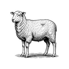 Classic engraving line art of a full-body sheep with curly wool texture, detailed etching lines, vintage 18th-century copperplate illustration style.