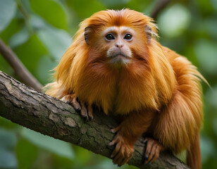 Fototapeta premium Rare Golden Lion Tamarin on Tree Branch, golden lion tamarin