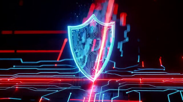 Futuristic digital shield symbolizing cybersecurity, glowing amidst circuitry - Powered by Adobe