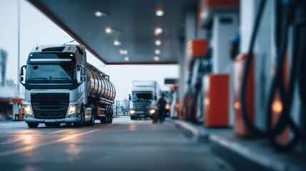 Medium shot of a truck driver refueling at a spacious station with blurred background highlighting efficient fuel pumps and clean canopy for longhauler convenience.