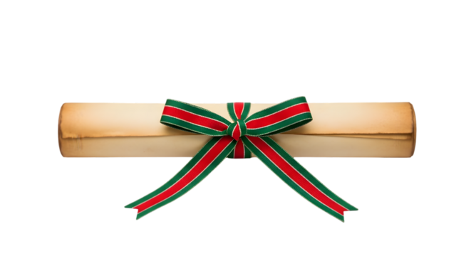 Scroll with red and green ribbon isolated on transparent background, a festive message