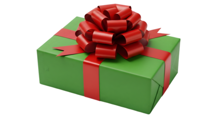 Green gift box with red ribbon isolated on transparent background, a festive present