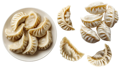 transparent PNG image of   Uncooked Crescent-Shaped Dumplings with Pleated Edges in Bowl and on Surface