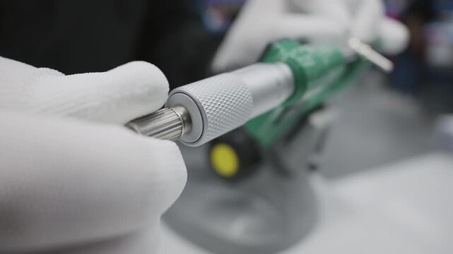 Engineer using micrometer to precisely measure object in science laboratory industrial workshop