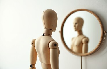 Wooden mannequin looks into round mirror. Figure contemplates its reflection. Concept of self-awareness identity and psychology. Object of contemplation and introspection.