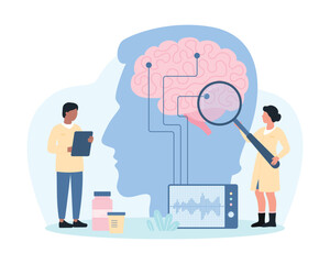 Diagnosis of brain diseases, neurology vector illustration. Cartoon tiny doctors monitoring brain waves on EEG display, neurologists research electroencephalography results with magnifying glass